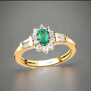 Colombian Emerald and Natural White Zircon Halo Ring in Vermeil YG on sterl silv
